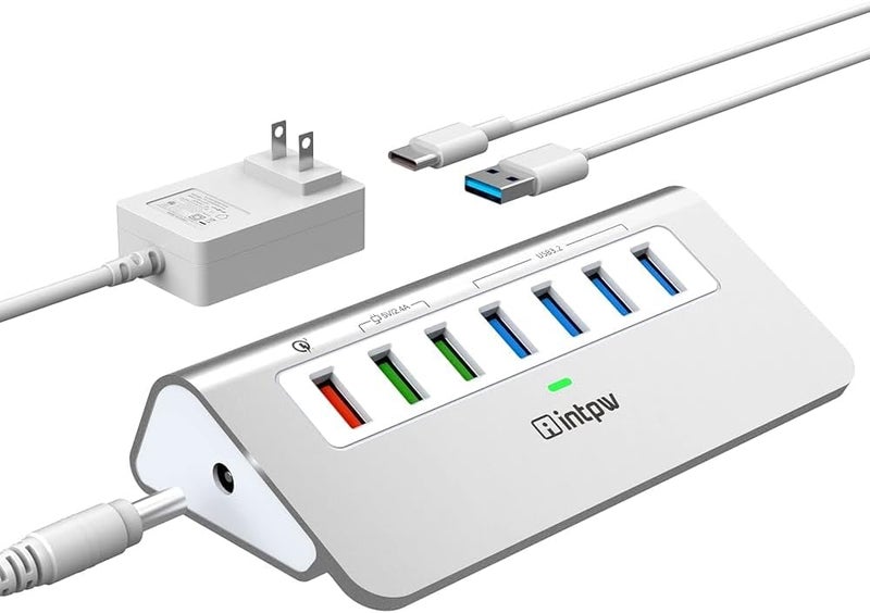 intpw Powered USB Hub 10Gbps, Aluminum 7 Port USB 3.2 Data Hub with 4 USB 3.2 Gen 2 Ports, 3 Fast Charging Ports, 36W Power Adapter, Type A & C Cable for Mac, PC, Laptop - Image 1